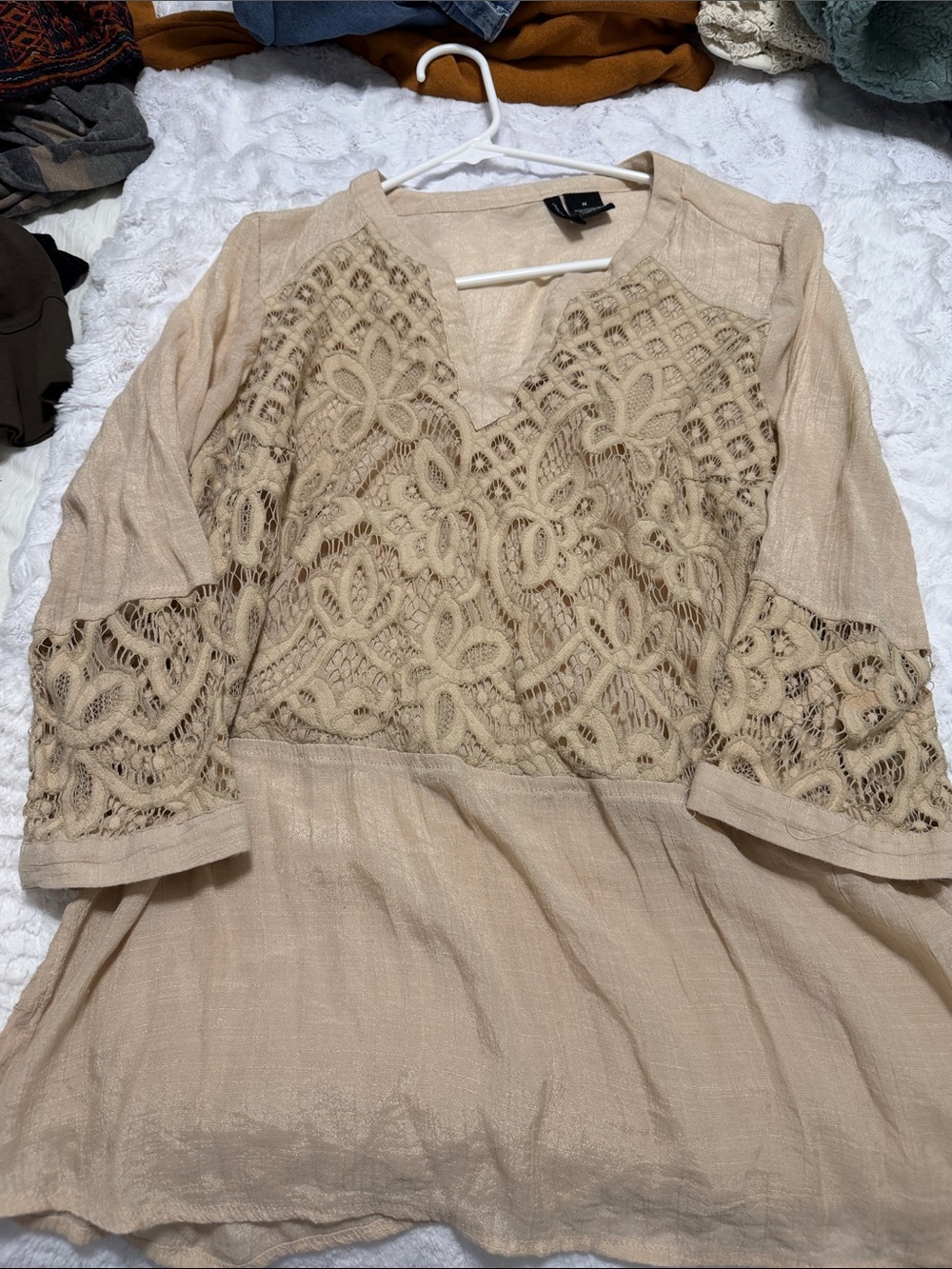 new directions Beige Crochet-Detail Long Sleeve Dress